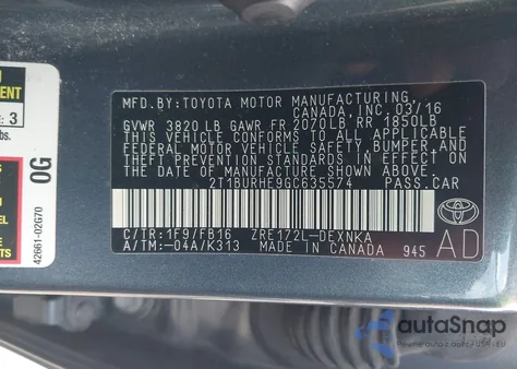 2016 Toyota Corolla Le z USA, uszkodzony, nr VIN 2T1BURHE9GC635574